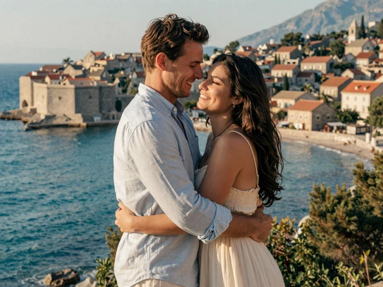 Happy couple meeting in person at an Adriatic coastal town through Balkan Dating