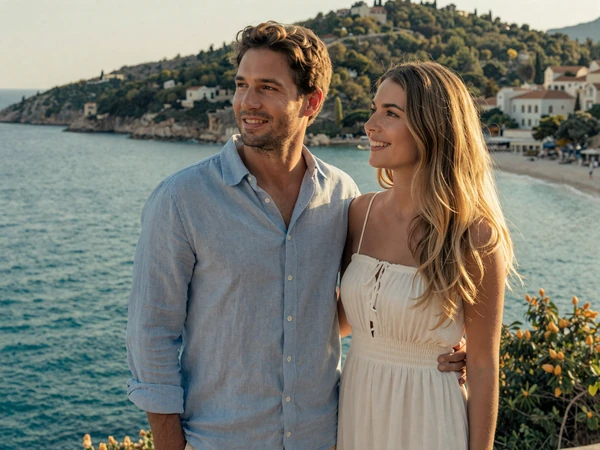 Brian and Petra standing together on the Adriatic coast after meeting on Balkan Dating