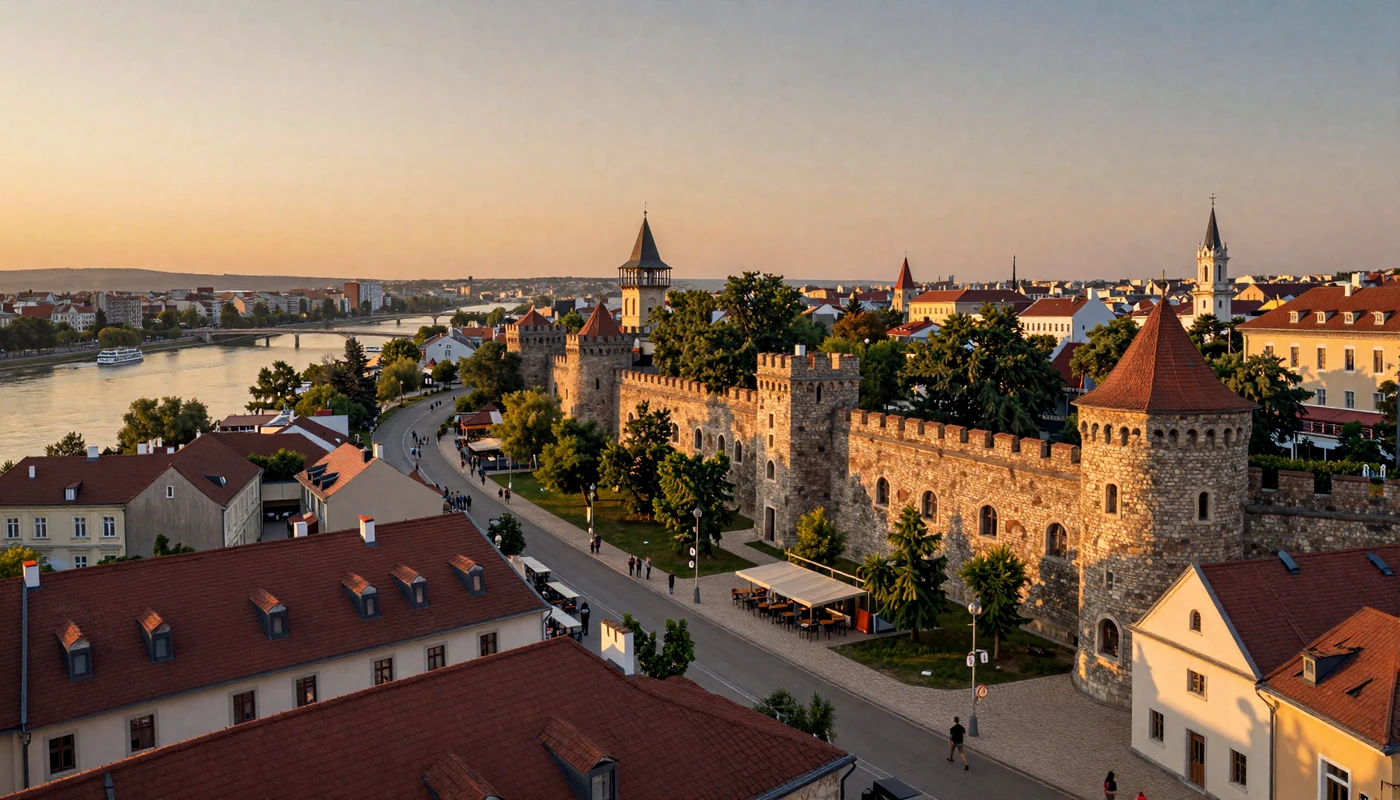 Belgrade Serbia panorama at golden hour with Kalemegdan Fortress and rivers representing Serbian dating culture