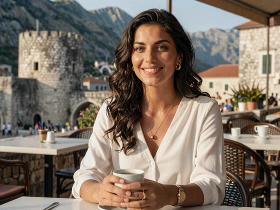 Montenegrin woman enjoying coffee at a Kotor old town outdoor cafe showcasing Montenegrin dating culture