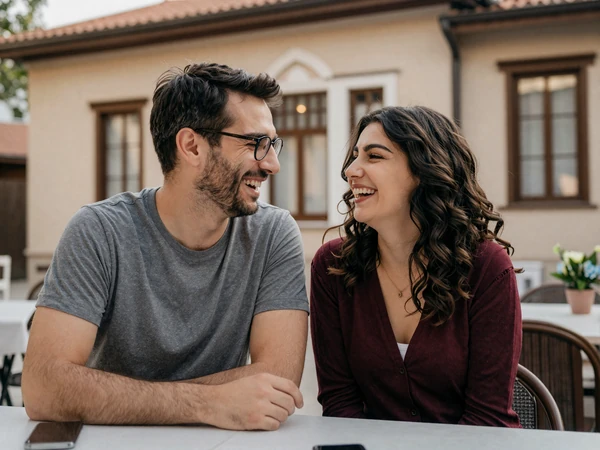 David and Amira laughing together at a cafe in Sarajevo where they had their first date