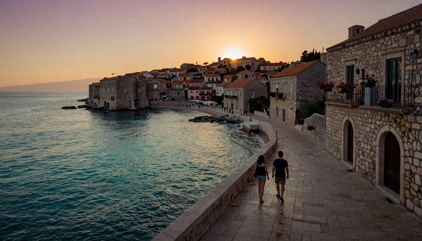 Romantic Adriatic coastal town at sunset representing international love between American men and Balkan women