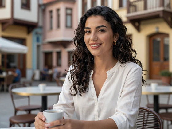 Albanian woman enjoying coffee at a Tirana outdoor cafe showing everyday Albanian dating culture