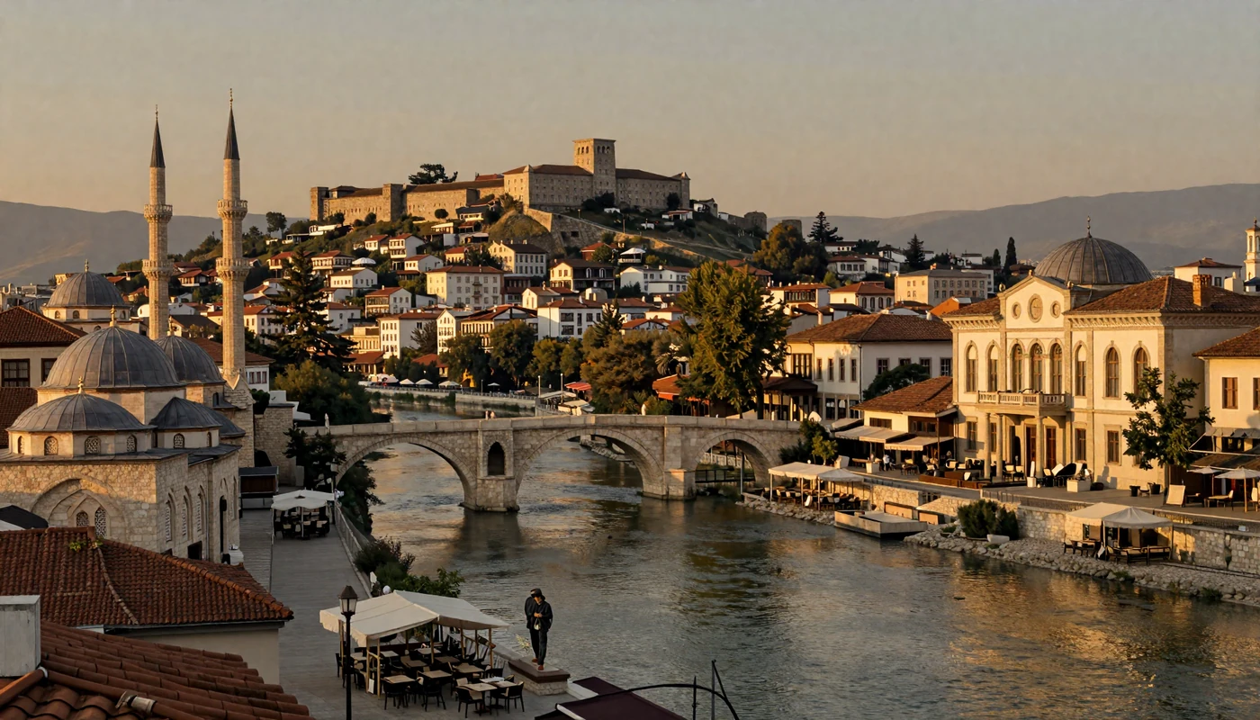 Skopje North Macedonia Stone Bridge and Vardar River at golden hour showcasing Macedonian dating culture