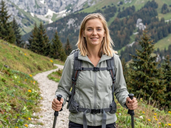 Slovenian woman enjoying an Alpine hiking trail showcasing the adventurous outdoor dating culture in Slovenia