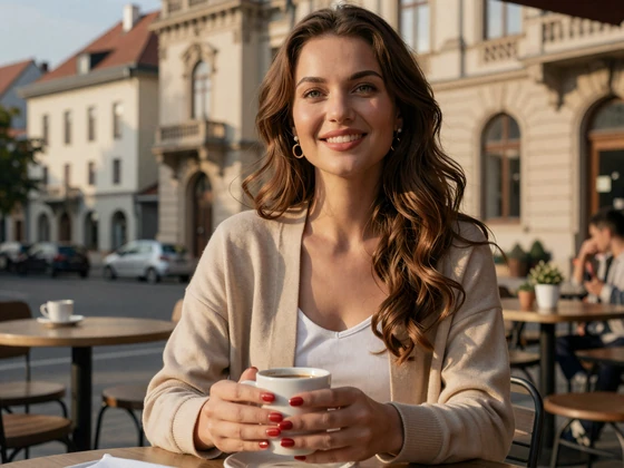 Serbian woman enjoying coffee at a Belgrade outdoor cafe showcasing everyday Serbian dating culture