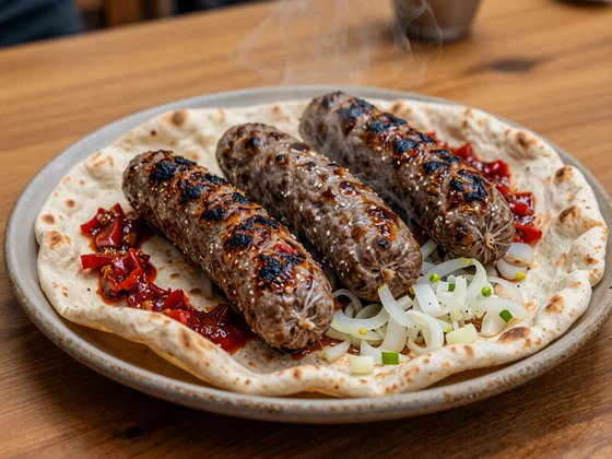 Freshly grilled ćevapi sausages served in warm lepinja flatbread with onions and ajvar a beloved Balkan dish