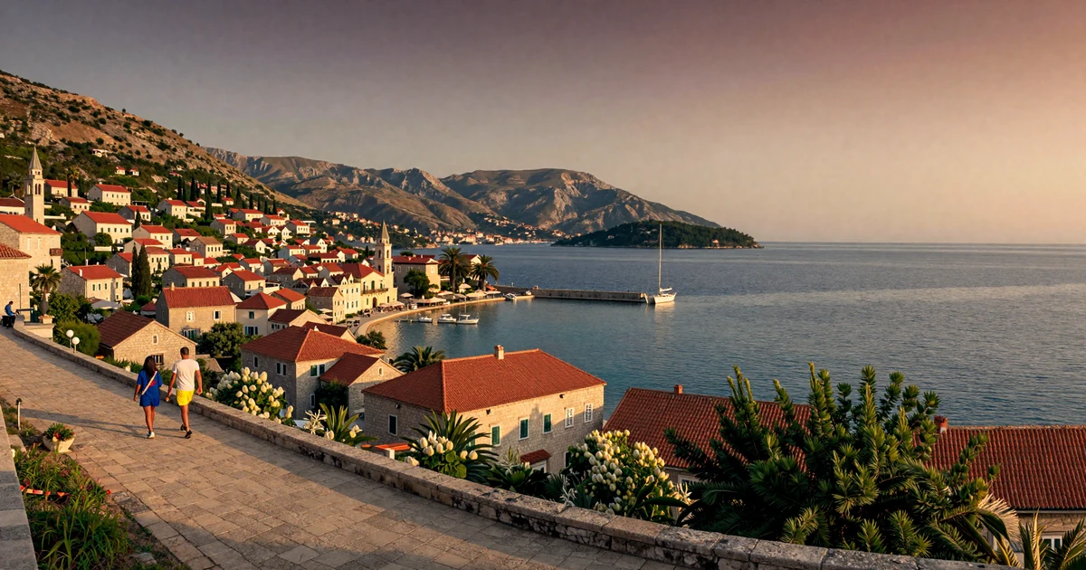 Couple walking through a Balkan coastal old town at golden hour