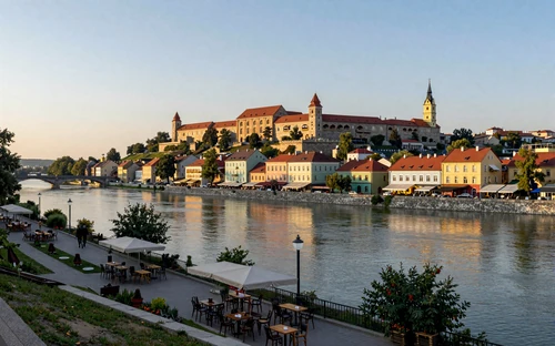 Novi Sad Serbia waterfront with Petrovaradin Fortress across the Danube River