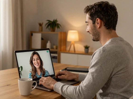 American man having a video call with a Balkan woman on his laptop in a cozy home office