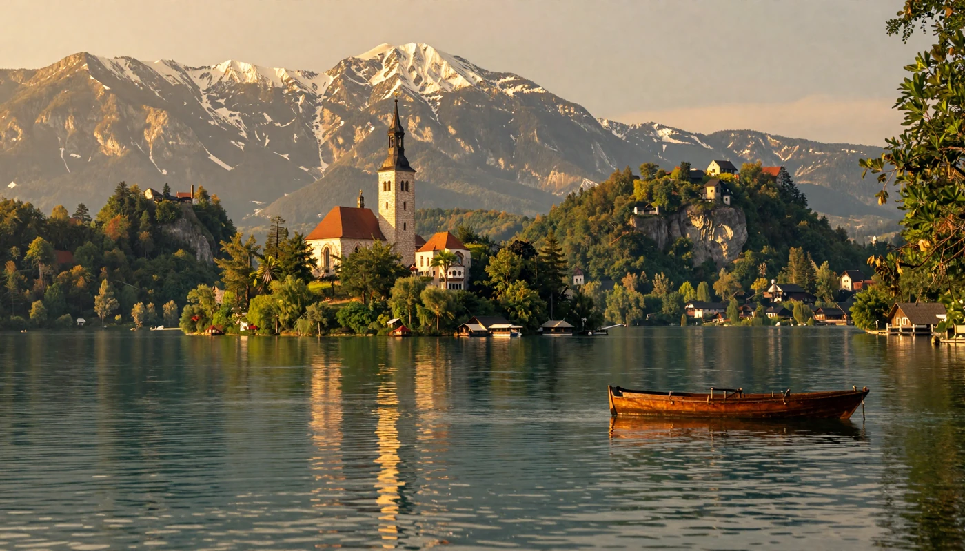 Lake Bled Slovenia with island church and Julian Alps at golden hour representing Slovenian dating culture