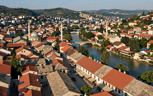 Sarajevo Bosnia aerial view with Baščaršija bazaar and red rooftops