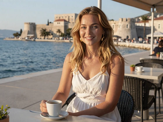 Croatian woman enjoying coffee at a Split waterfront cafe showing everyday Croatian dating culture