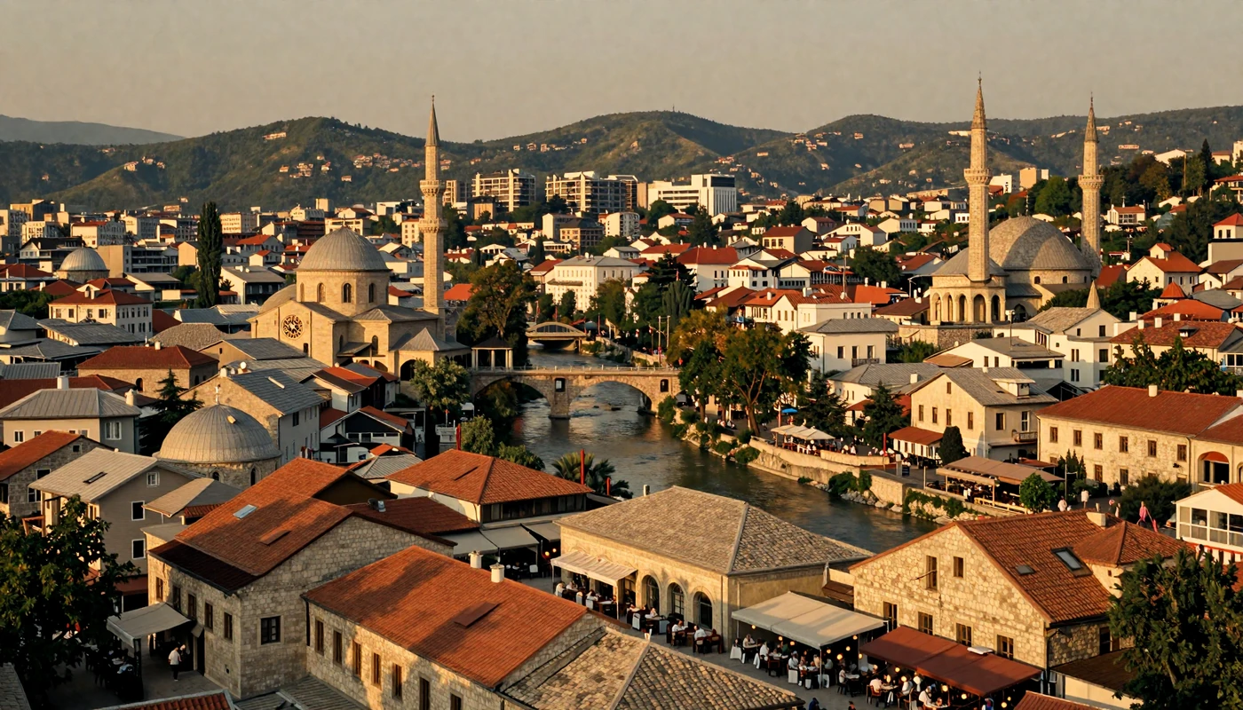 Sarajevo Bosnia cityscape at golden hour with Ottoman old town and Austro-Hungarian architecture representing Bosnian dating culture