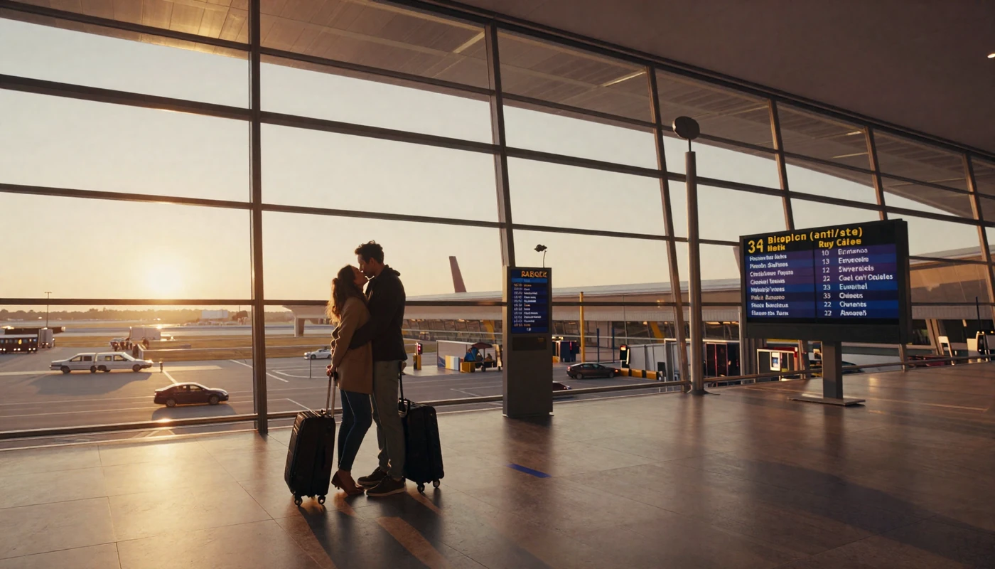 Couple at airport departure gate symbolizing the K-1 fiancé visa journey from the Balkans to America