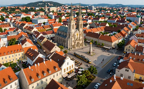 Zagreb Croatia city center with Ban Jelačić Square and cathedral spires