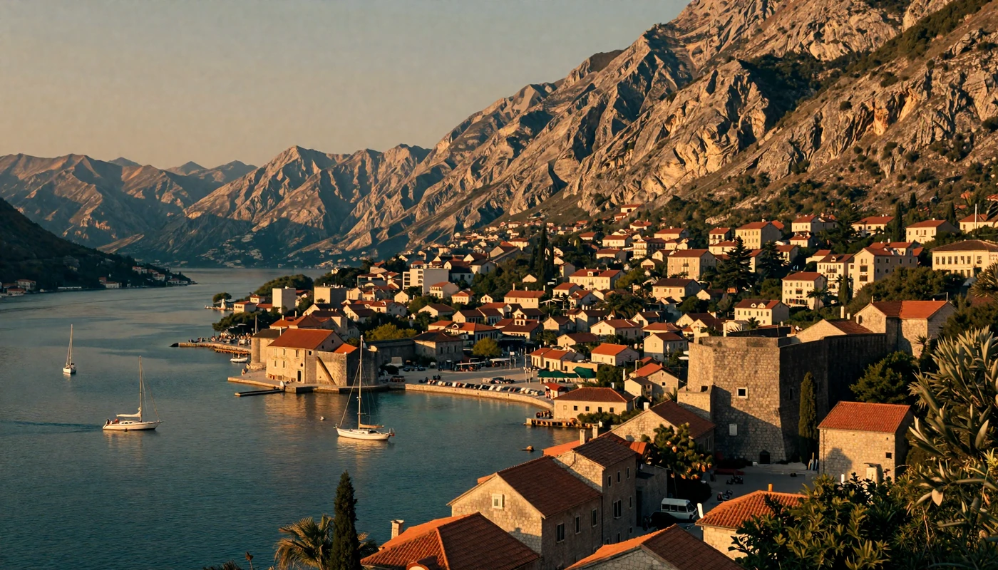 Kotor Bay Montenegro dramatic mountains meeting turquoise Adriatic sea at golden hour representing Montenegrin dating culture