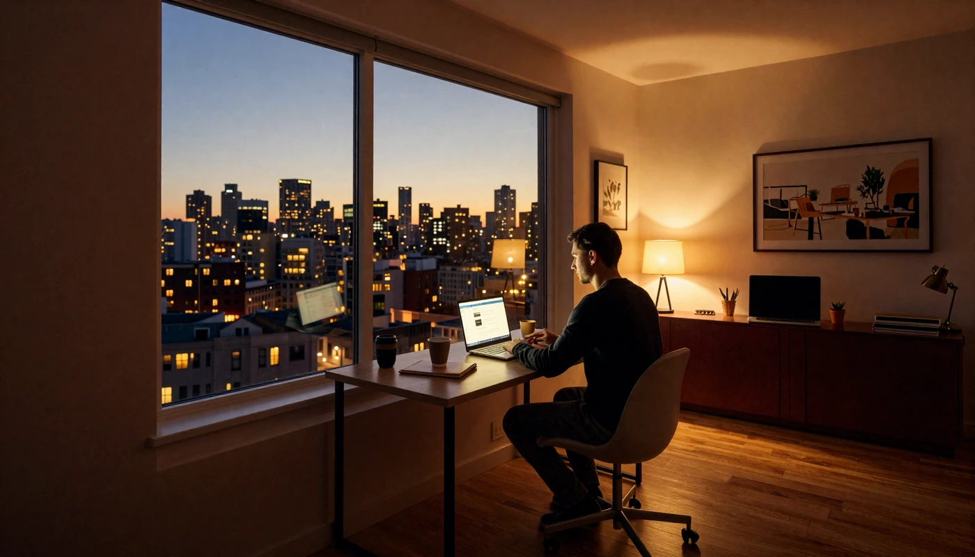 American man browsing Balkan dating profiles on his laptop in a cozy evening setting