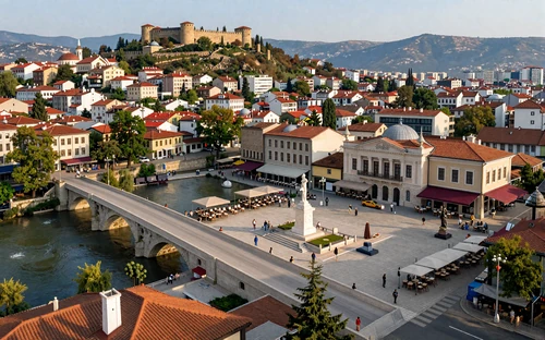Skopje North Macedonia city center with Stone Bridge and Macedonia Square