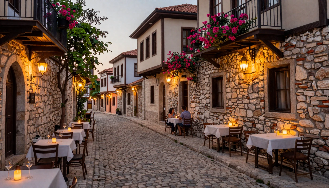 Romantic Balkan old town street at evening with warm lanterns and outdoor cafes representing Balkan dating culture