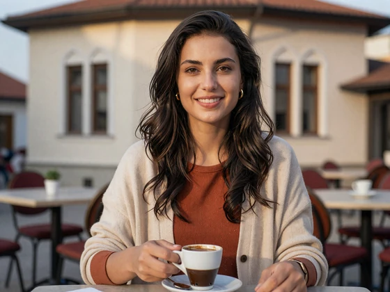 Bosnian woman enjoying traditional coffee at a Sarajevo Baščaršija cafe showing everyday Bosnian dating culture