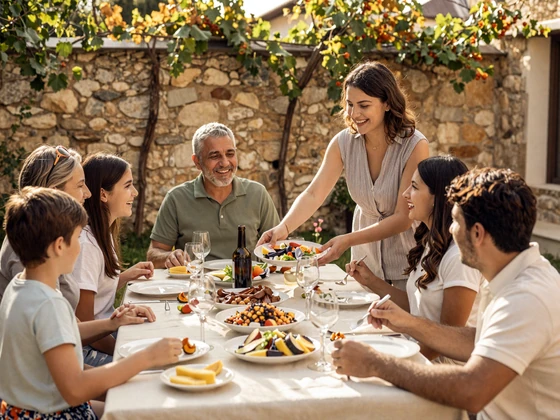 Balkan family sharing a traditional meal together outdoors, representing the importance of family approval in dating culture