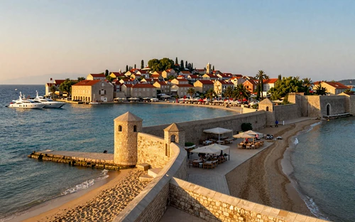 Budva Montenegro Riviera with old town peninsula and sandy beaches