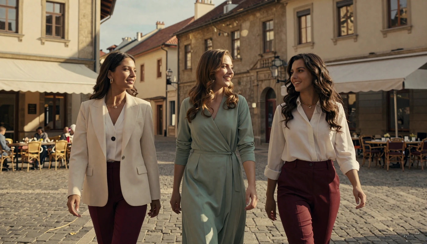 Confident modern Balkan women walking through a sunlit European city square