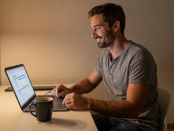 American man creating his Balkan Dating profile on a laptop at home