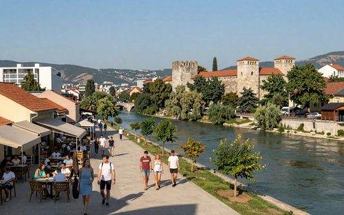 Banja Luka Bosnia city along Vrbas River with cafes and fortress