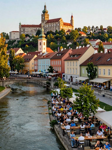 Ljubljana Slovenia riverbank with Dragon Bridge and castle hilltop showing the charming Slovenian dating scene