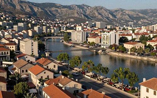 Podgorica Montenegro capital city with Millennium Bridge over Moraca River