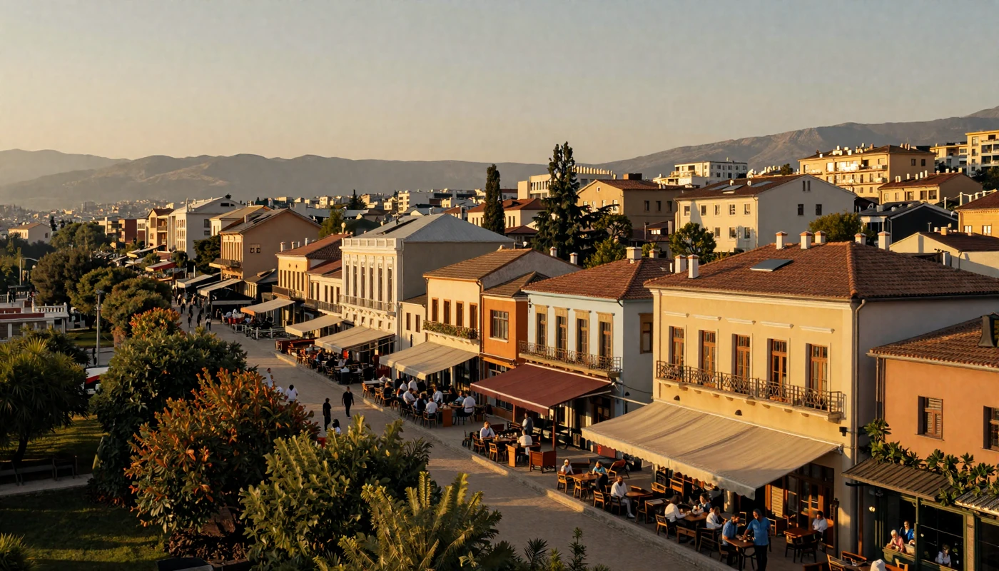 Tirana Albania colorful buildings and cafes at golden hour representing Albanian dating culture