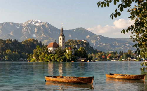 Lake Bled Slovenia with island church and Julian Alps perfect for romantic getaway dates